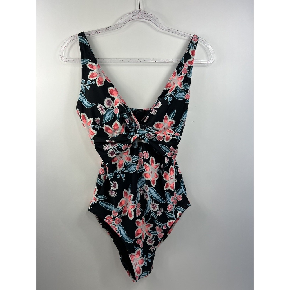 Old Navy Swimsuit Women's Size M Black & Floral V Neck with False Wrap Tropical